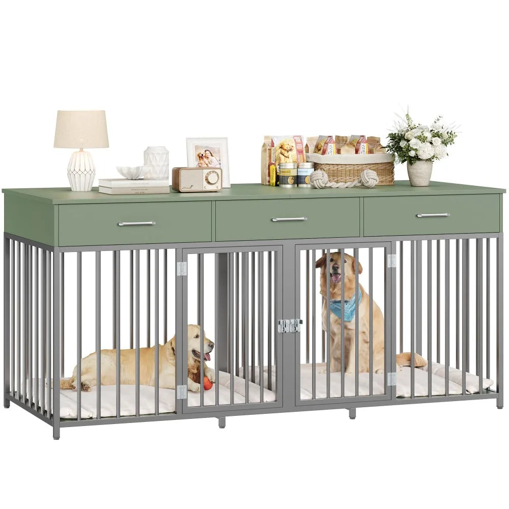 Double Dog Crate with 3 Drawers,Farmhouse Kennel
