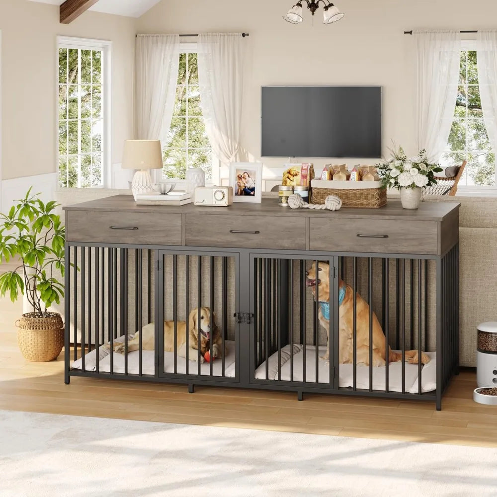Double Dog Crate with 3 Drawers,Farmhouse Kennel