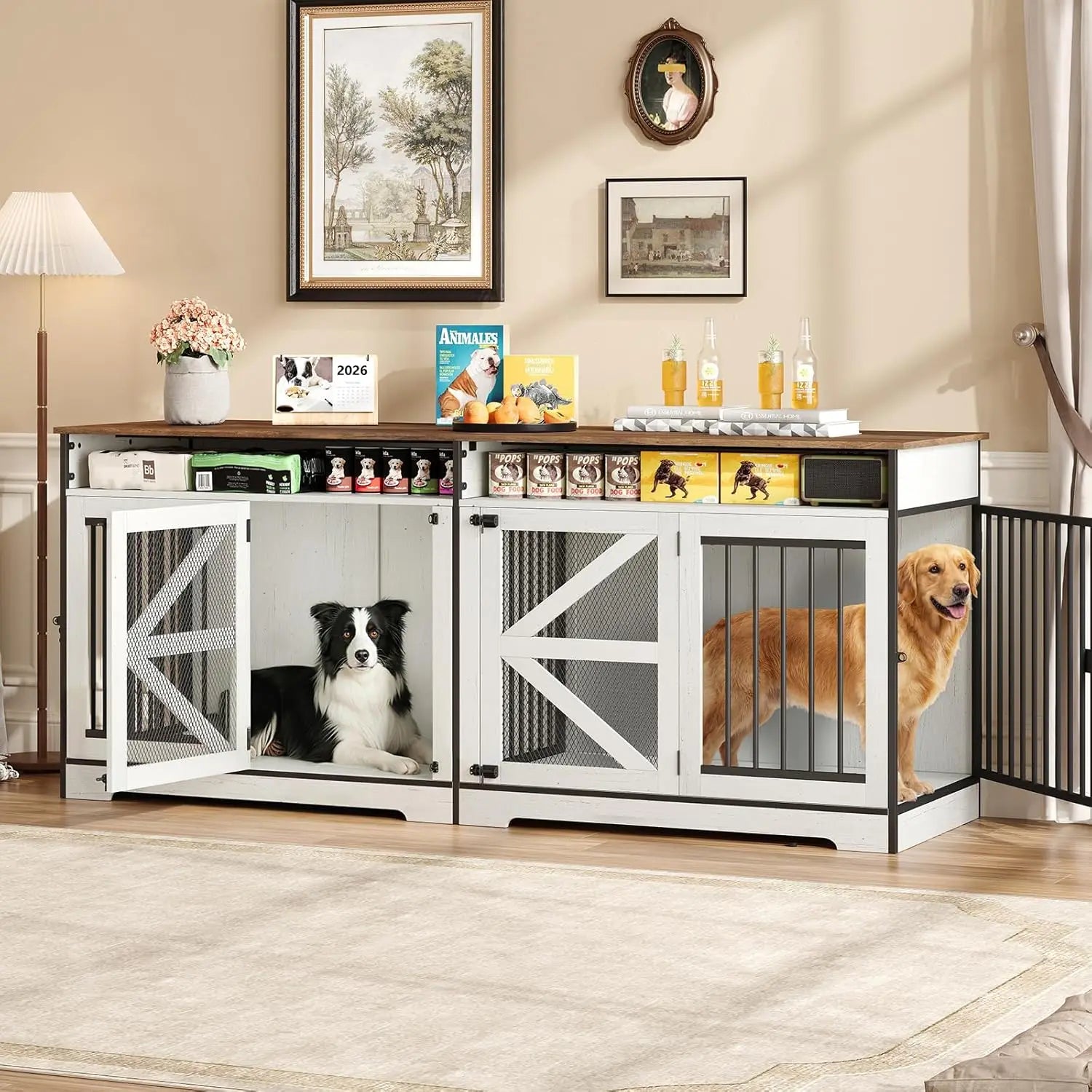 72 Inch Double Dog Crate Furniture with Barn Doors & 2 Drawers, Heavy Duty Indoor Wooden Dog Kennel, Removable Divider,
