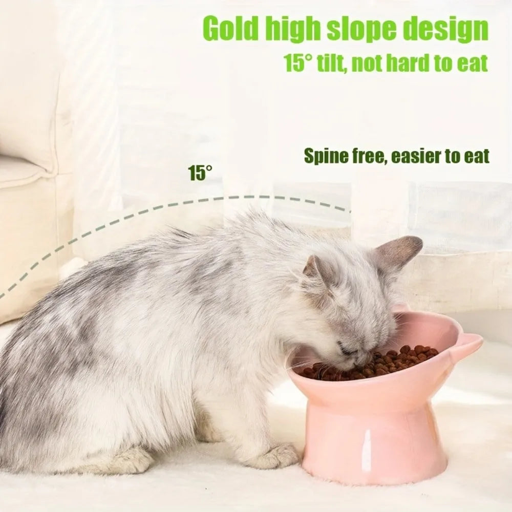 Elevated Cat Bowl Set with Cat-Ear Shape, Raised Heavy-Duty Feeder with Anti-Slip Base.