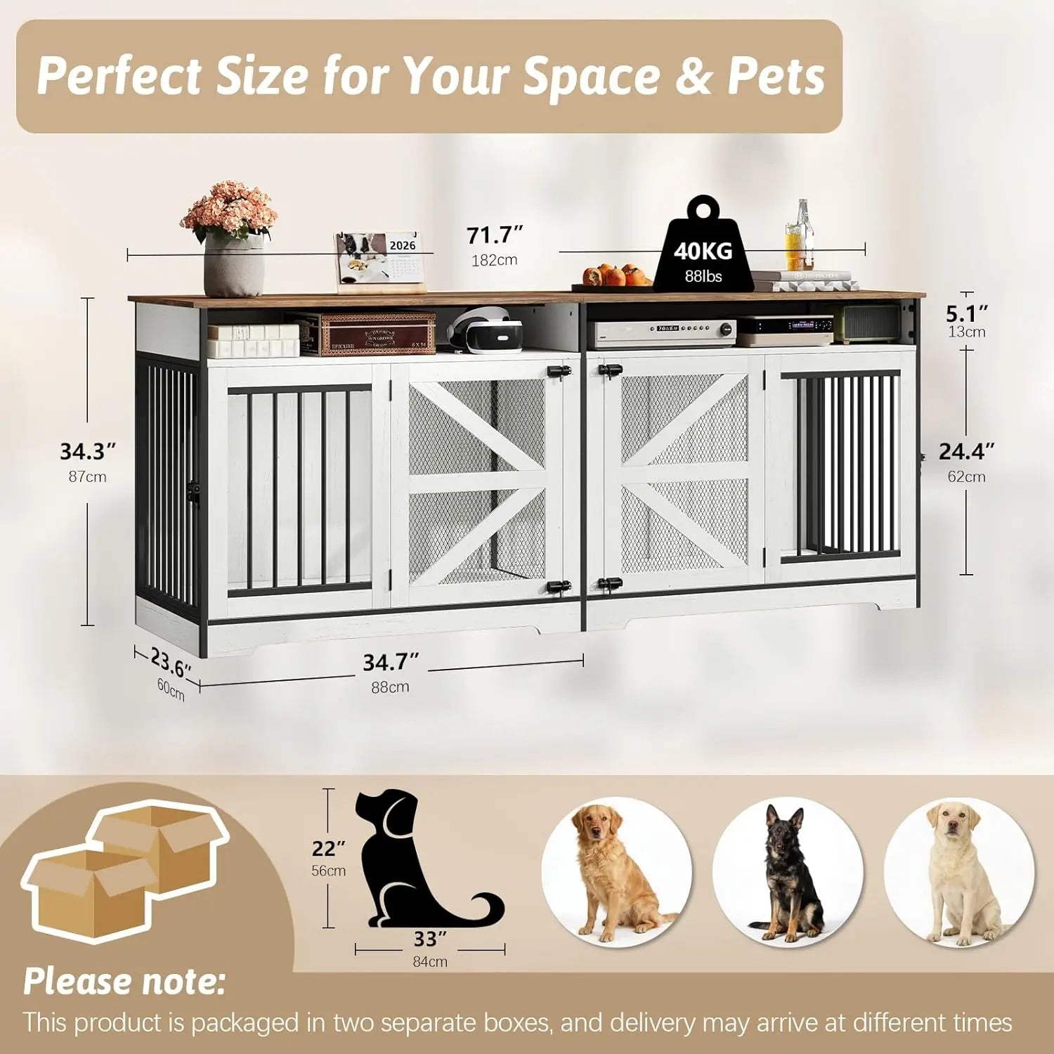 72 Inch Double Dog Crate Furniture with Barn Doors & 2 Drawers, Heavy Duty Indoor Wooden Dog Kennel, Removable Divider,