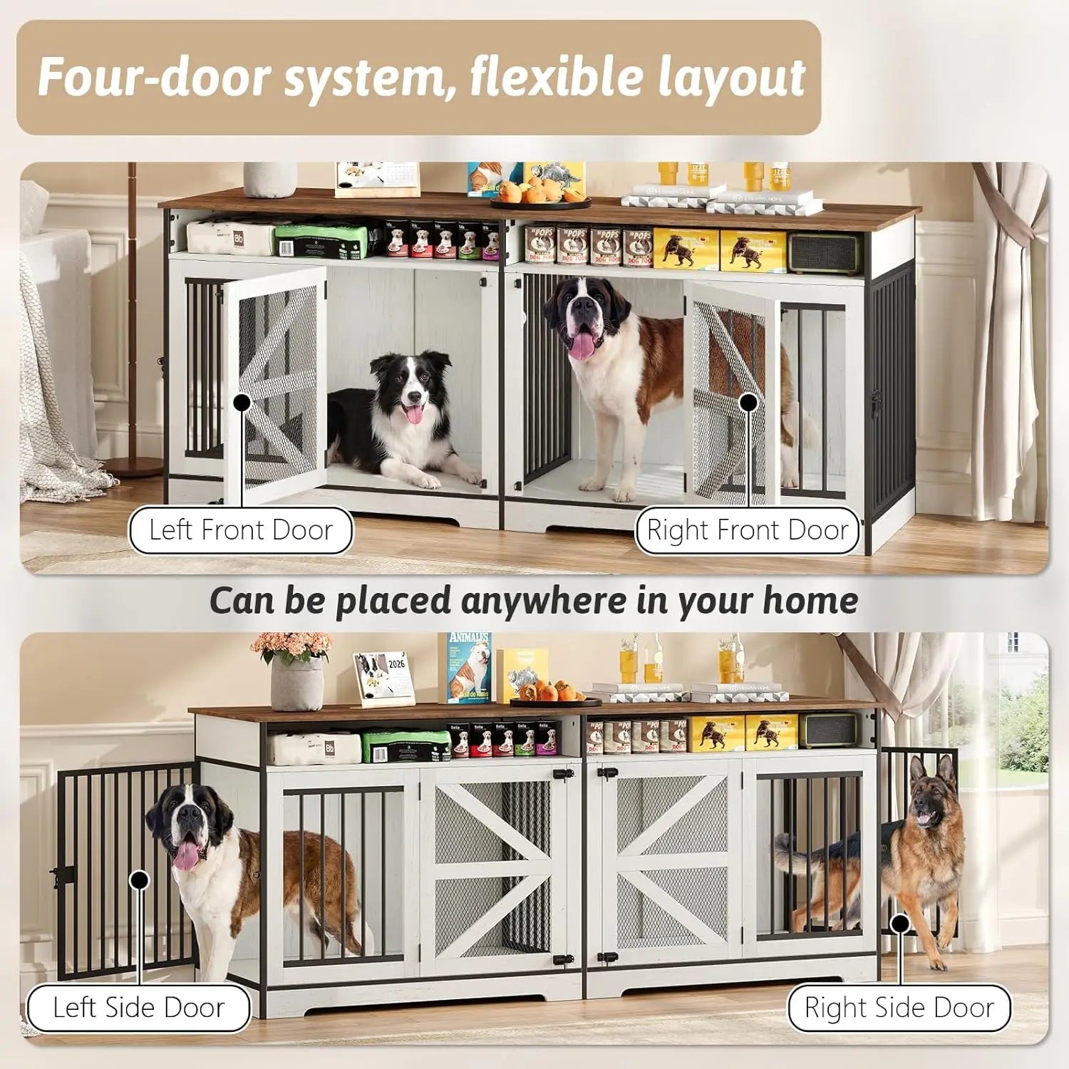 72 Inch Double Dog Crate Furniture with Barn Doors & 2 Drawers, Heavy Duty Indoor Wooden Dog Kennel, Removable Divider,