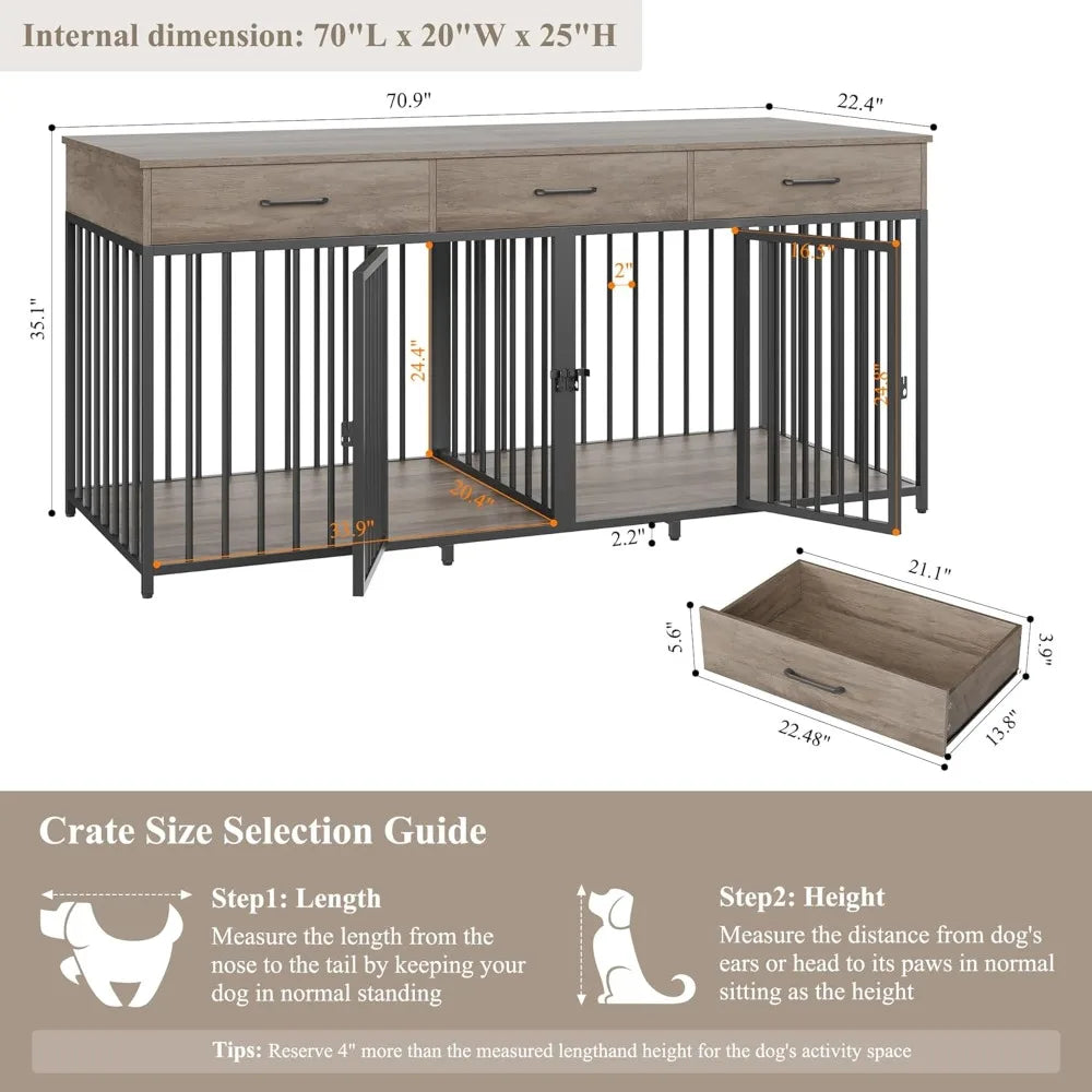 Double Dog Crate with 3 Drawers,Farmhouse Kennel