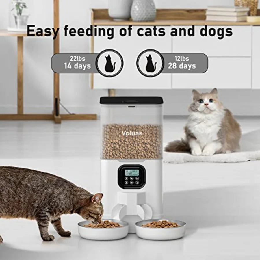 Automatic Cat Feeder for Two Cats, Double Pet Feeder with 2 Stainless Steel Bowls.