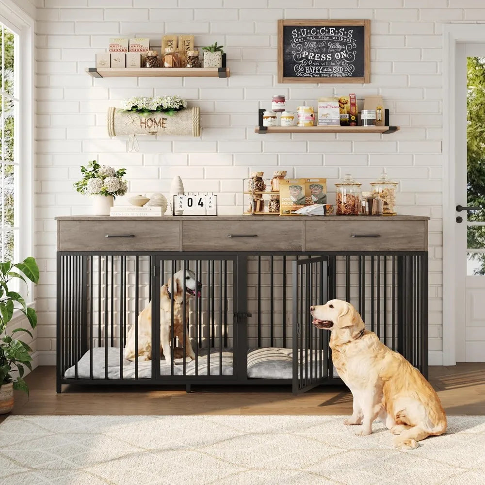 Double Dog Crate with 3 Drawers,Farmhouse Kennel