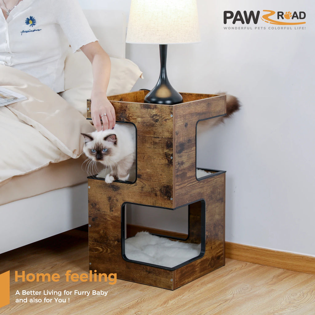 Wood Cat Condo House Bed with Removable Soft Mats