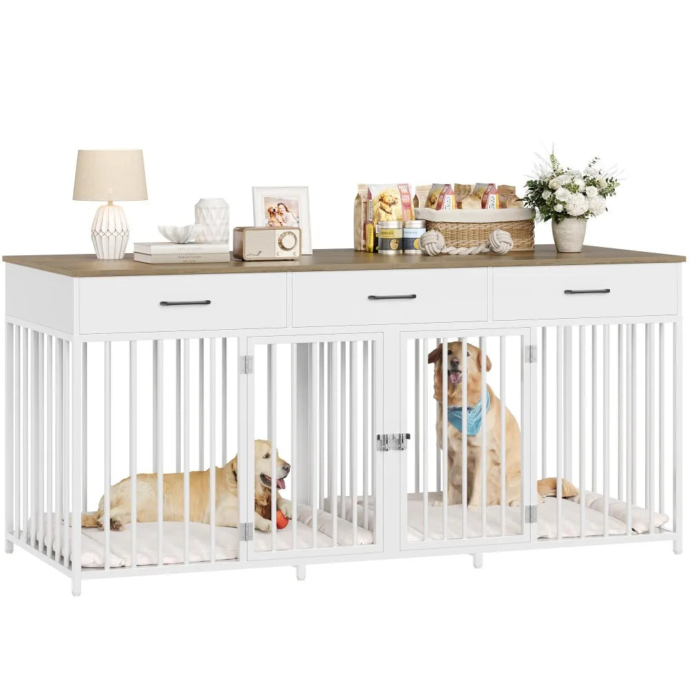 Double Dog Crate with 3 Drawers,Farmhouse Kennel