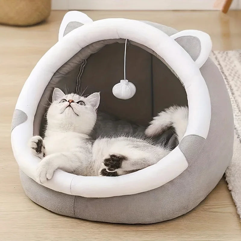 Comfortable Cartoon Cat House with Removable Pad