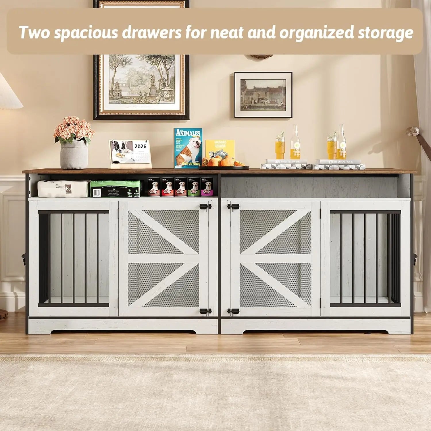 72 Inch Double Dog Crate Furniture with Barn Doors & 2 Drawers, Heavy Duty Indoor Wooden Dog Kennel, Removable Divider,