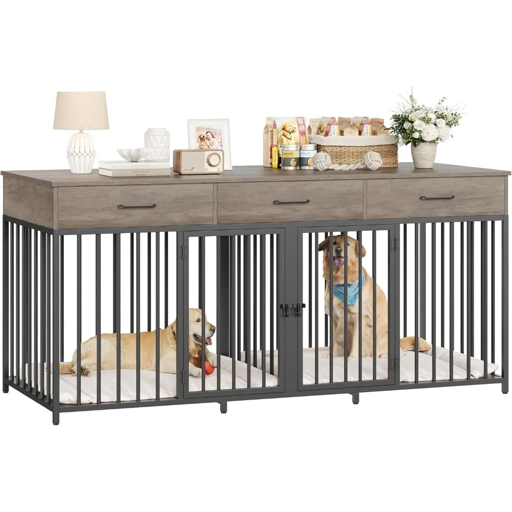 Double Dog Crate with 3 Drawers,Farmhouse Kennel