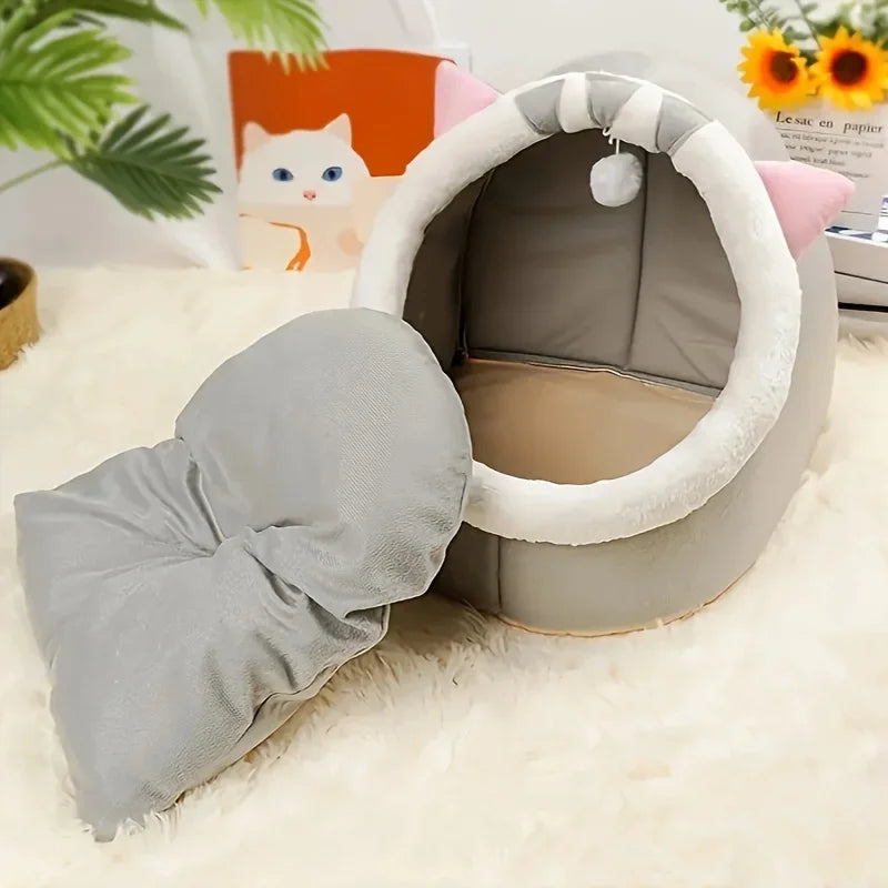 Comfortable Cartoon Cat House with Removable Pad