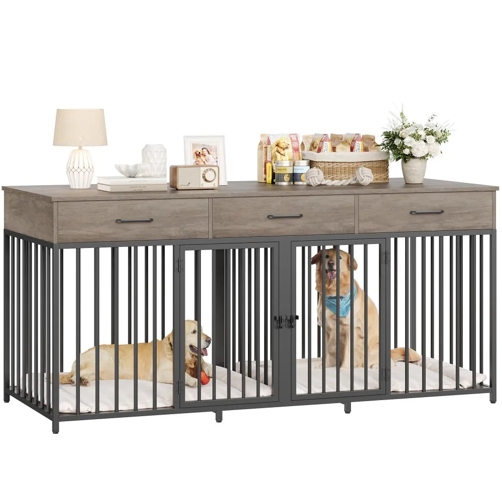 Double Dog Crate with 3 Drawers,Farmhouse Kennel