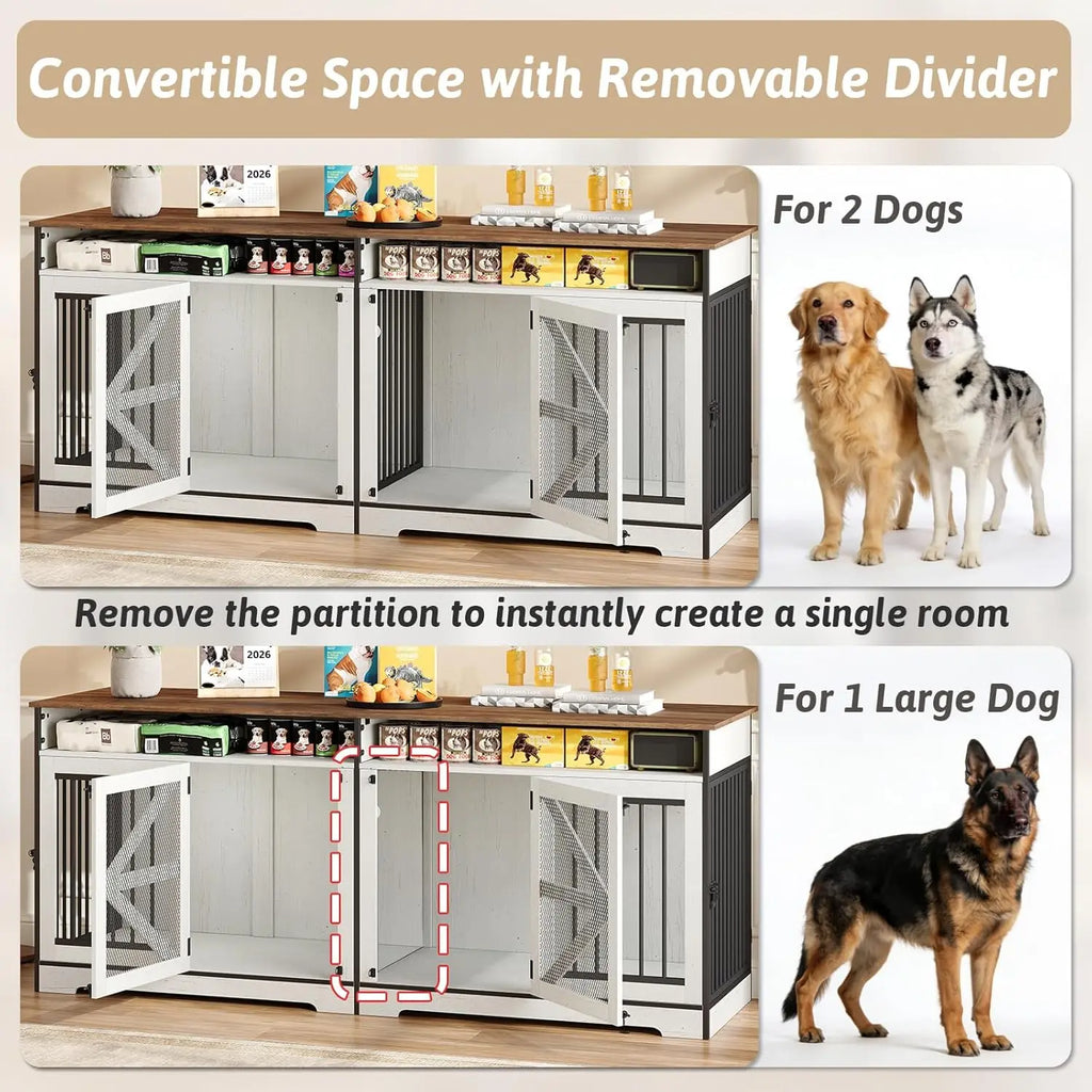 72 Inch Double Dog Crate Furniture with Barn Doors & 2 Drawers, Heavy Duty Indoor Wooden Dog Kennel, Removable Divider,