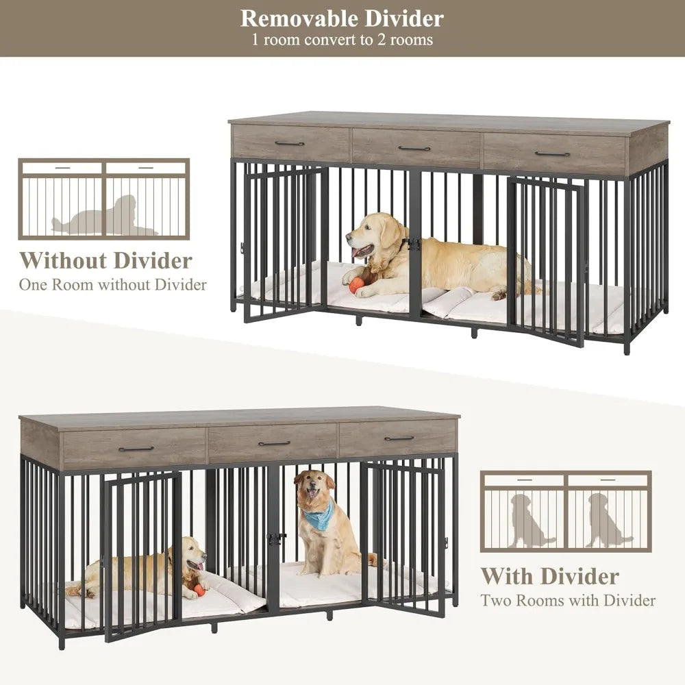Double Dog Crate with 3 Drawers,Farmhouse Kennel